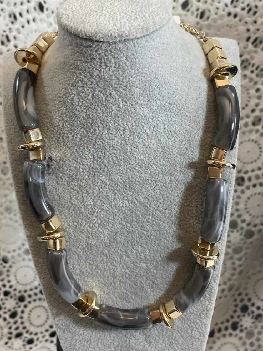 Gray Marble Resin Elbow Beads w/ Gold metal square & disc spacers lobster clasp